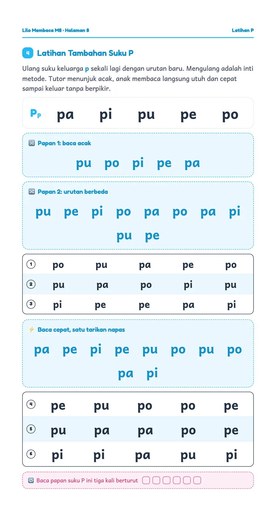 Lilo worksheet: Speed reading the P syllable board