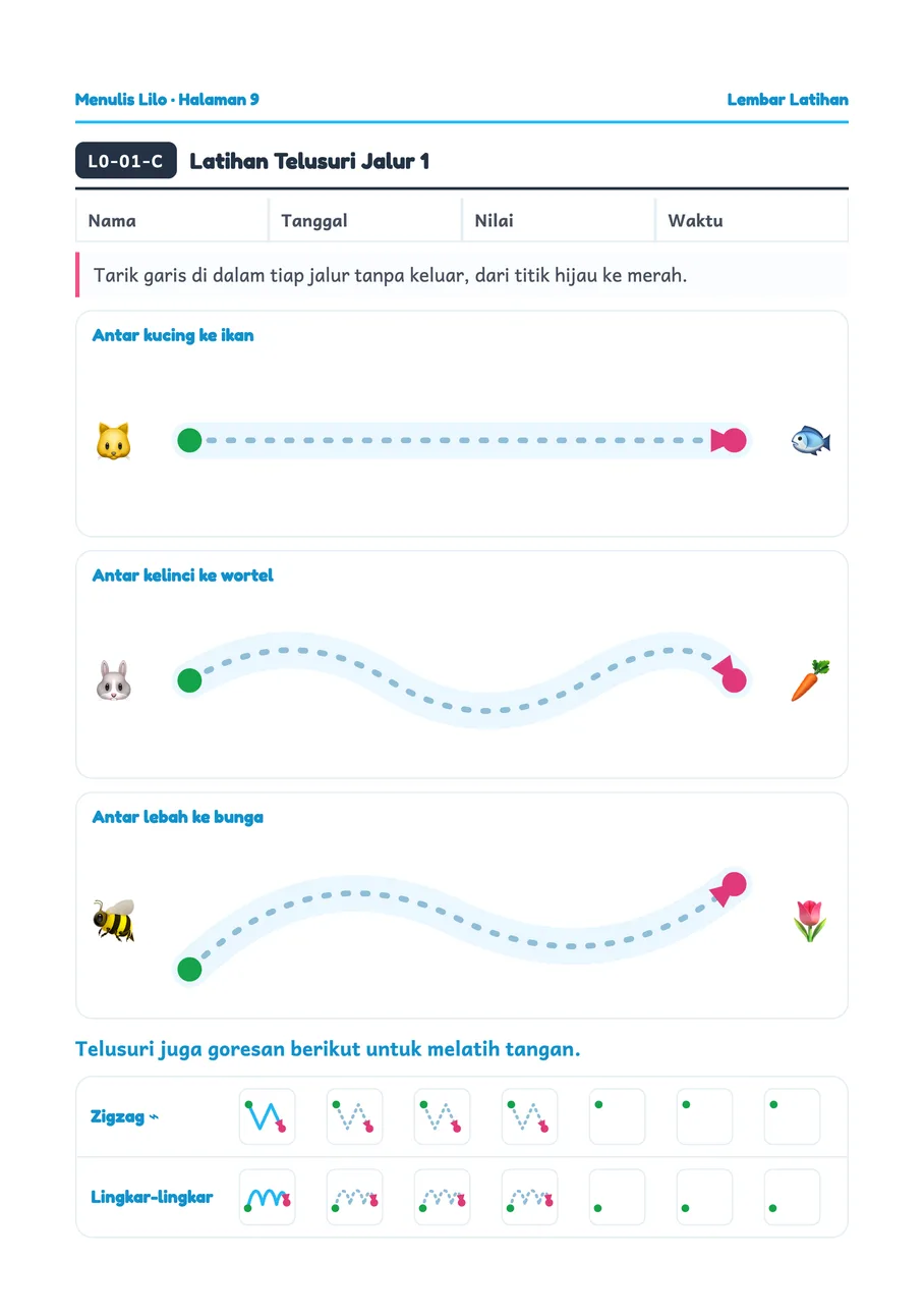 Lilo worksheet: Tracing the track from the green dot to the red