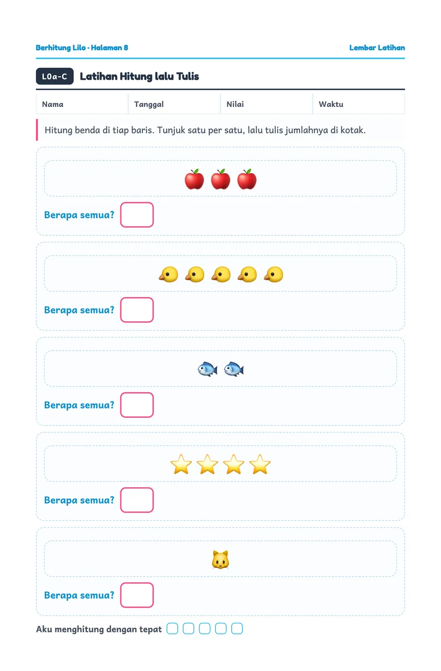 Lilo worksheet: Counting the objects in each row, then writing the total