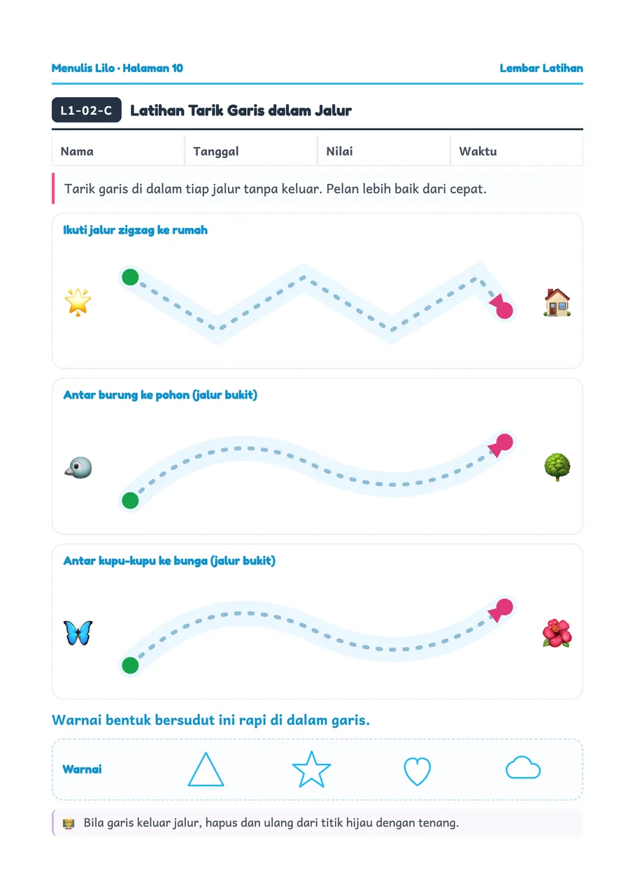 Lilo worksheet: Preparing the hand with lines inside the track