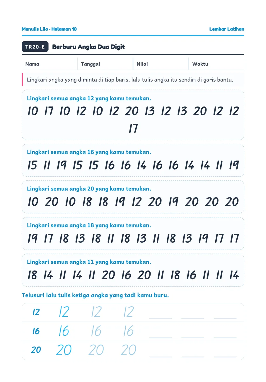 Lilo worksheet: Hunting two digit numbers, then writing them