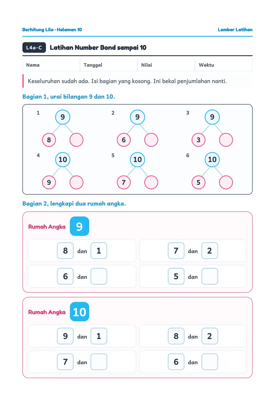 Lilo worksheet: Breaking amounts into two parts up to ten