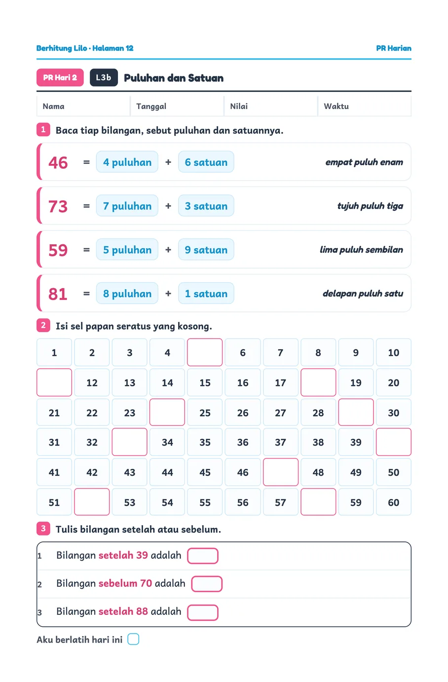 Lilo worksheet: Numbers up to one hundred