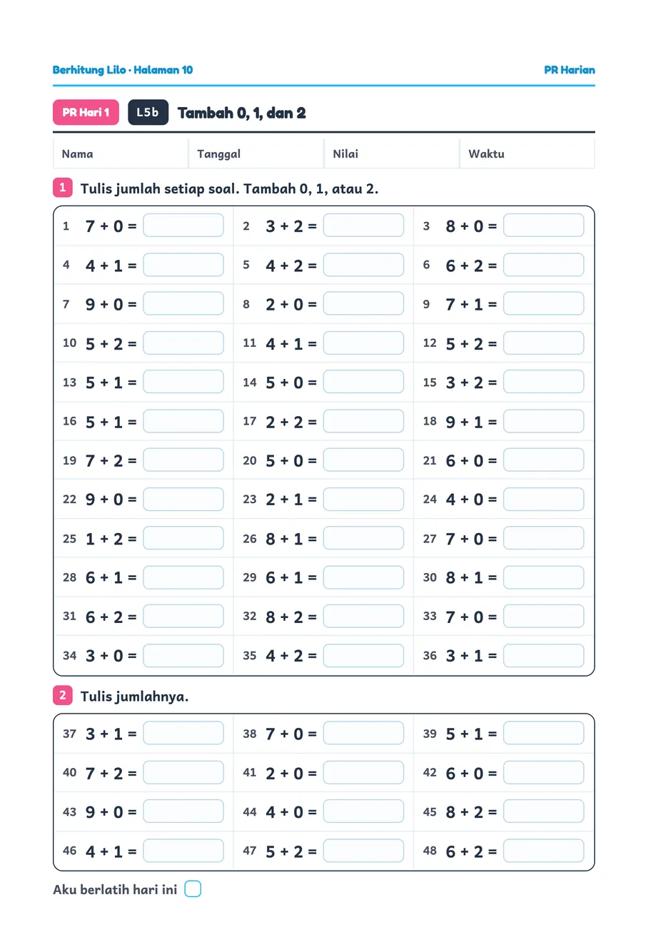 Lilo worksheet: Addition practice up to ten