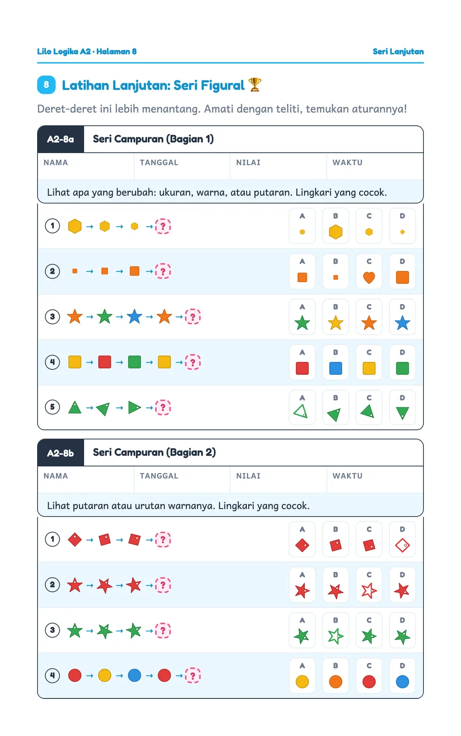 Lilo worksheet: Continuing patterns that shift in size, colour, and rotation