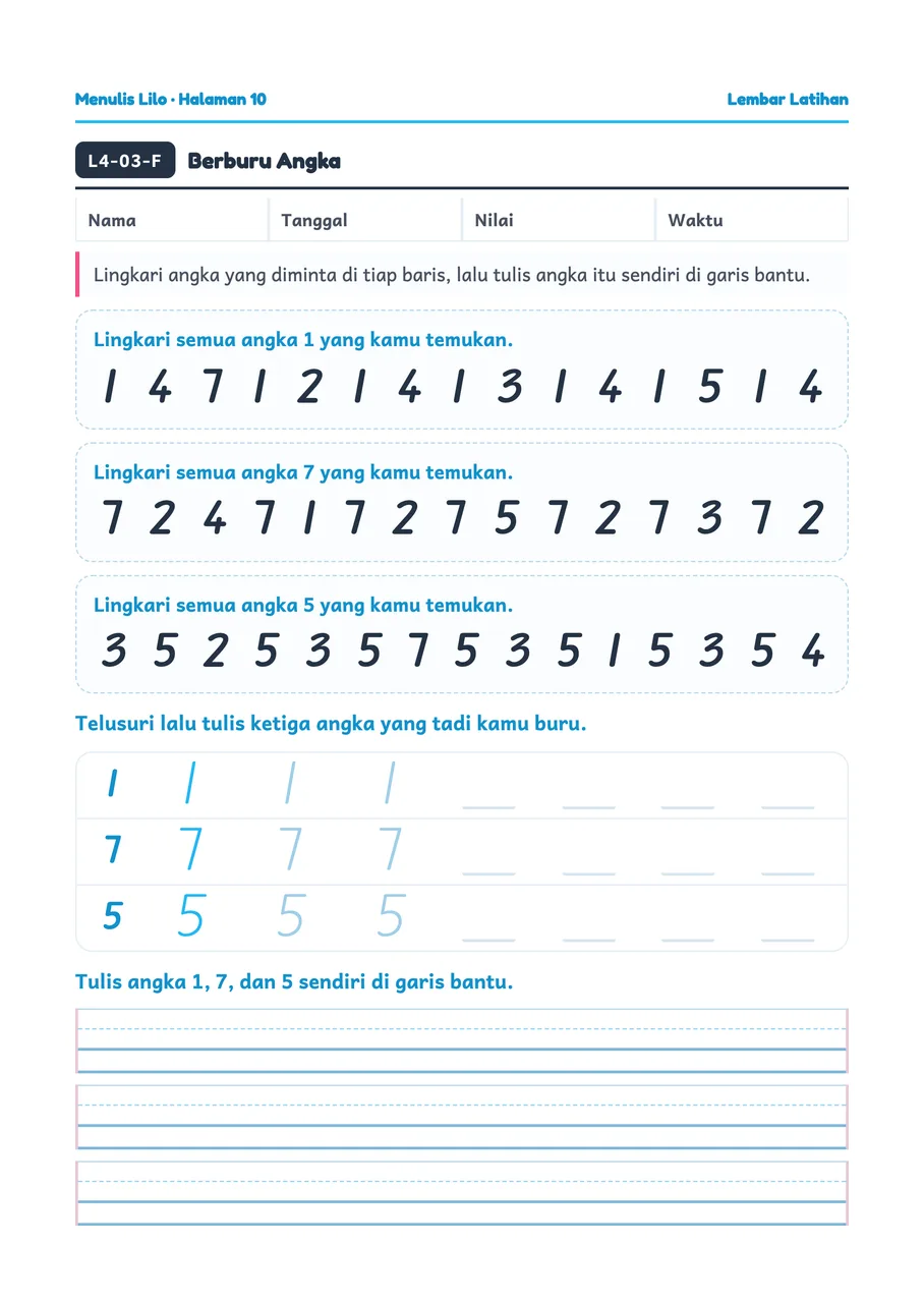 Lilo worksheet: Hunting numbers, then writing them on guide lines