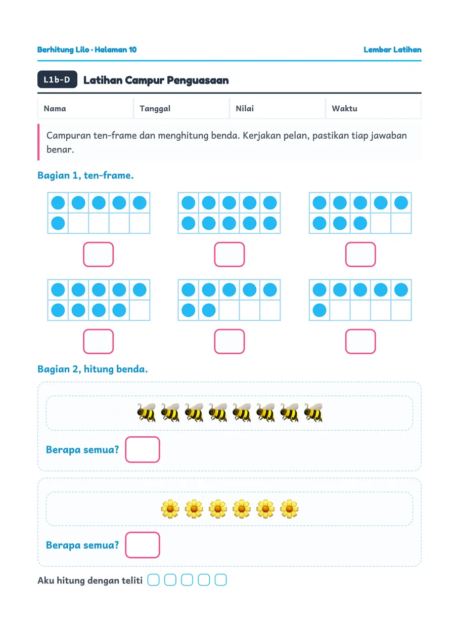 Lilo worksheet: A mix of ten frames and counting objects