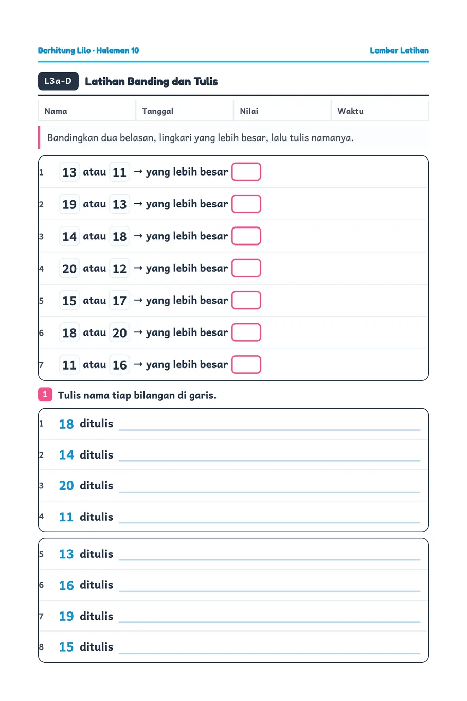 Lilo worksheet: Comparing two teen numbers, then writing them