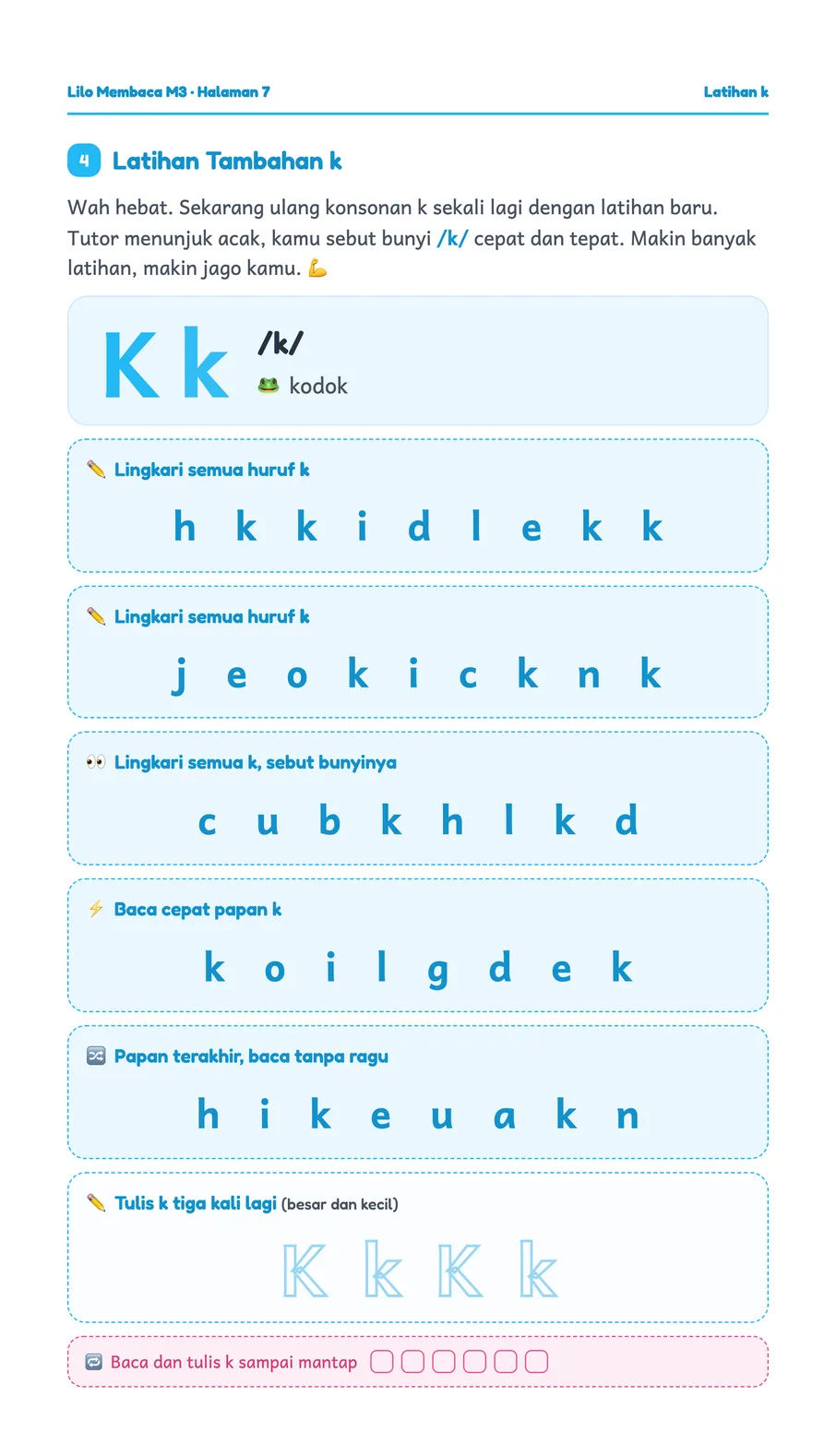 Lilo worksheet: Speed reading the consonant k board