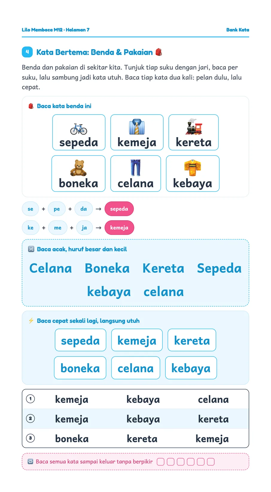 Lilo worksheet: Reading noun cards in random order