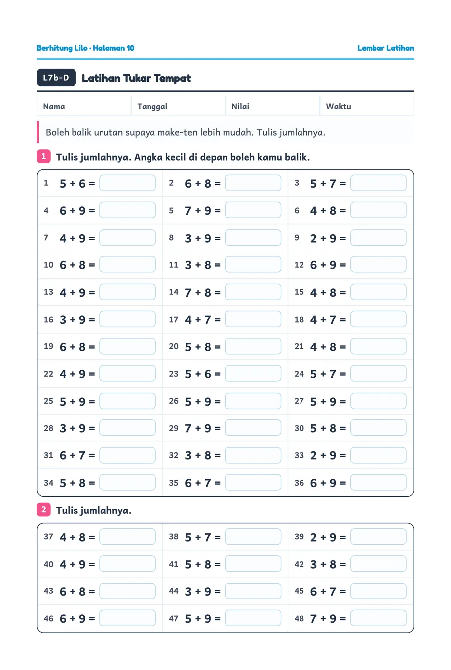 Lilo worksheet: Swapping the order to make addition easier