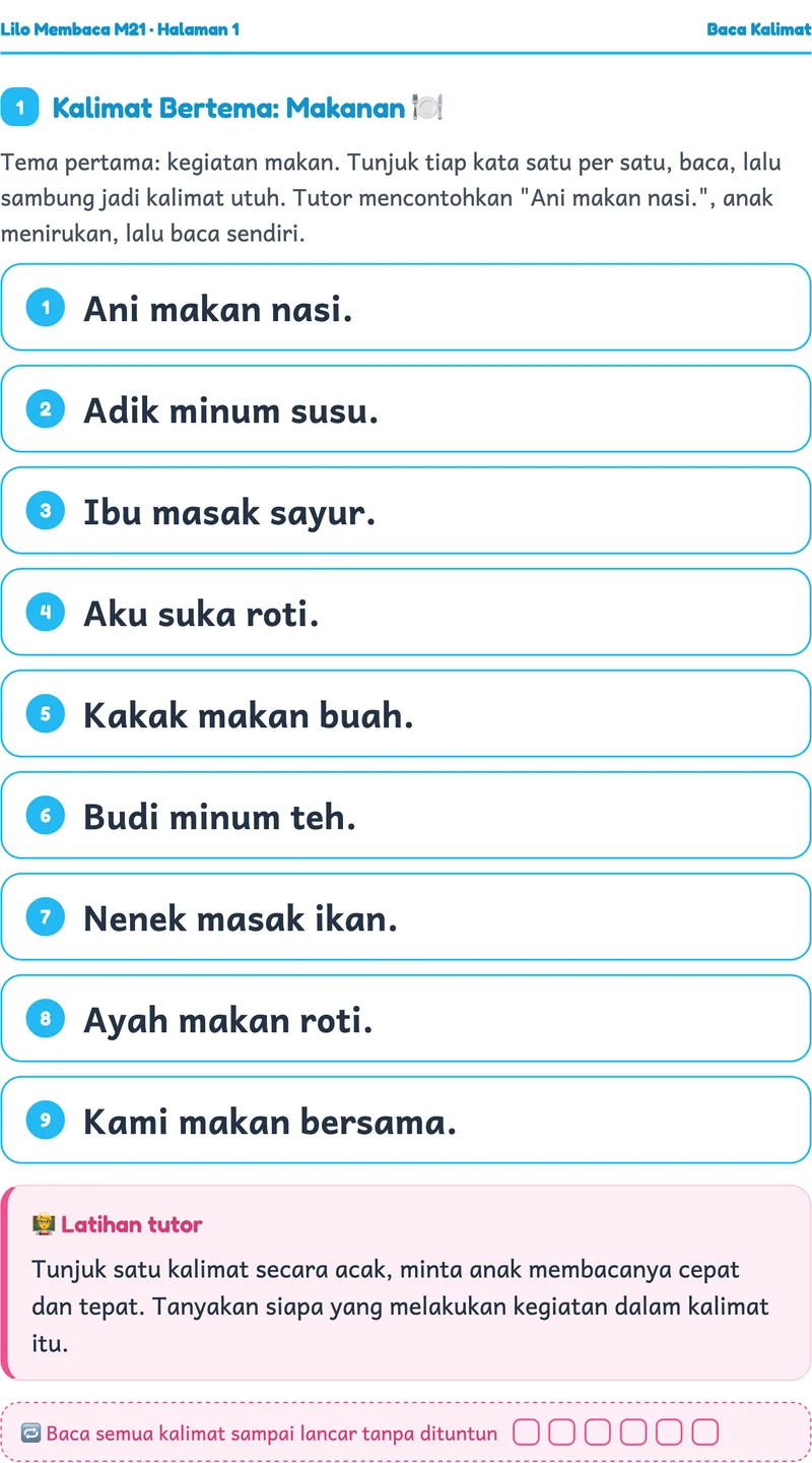 Cuplikan worksheet asli Membaca Kalimat Pendek