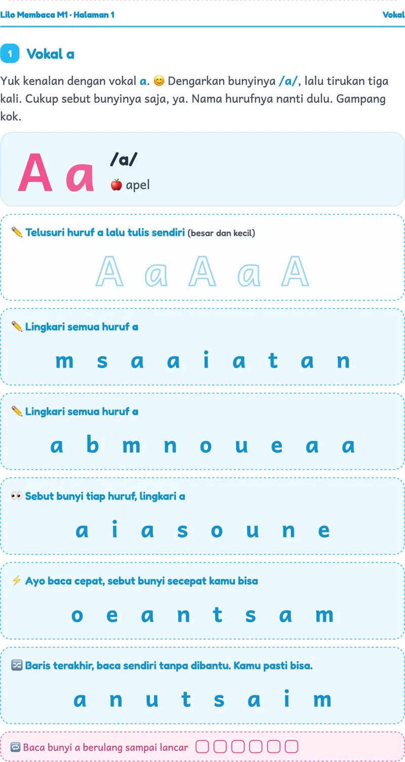 Cuplikan worksheet asli Kenal Bunyi Vokal